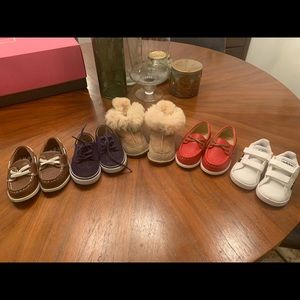 Baby shoes size 4 and 5. Uggs, 2 pairs of Janie and Jack, Adidas, and Carters
